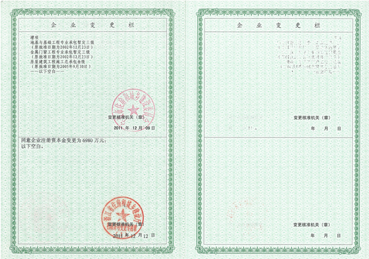 天鴻鋼構(gòu)資質(zhì)證書(shū)變更通知